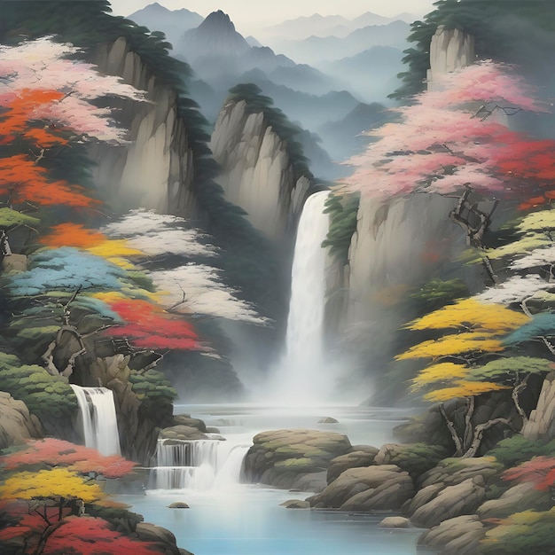 PSD peinture japonaise de montagnes, de forêts, de chutes d'eau et de fleurs colorées