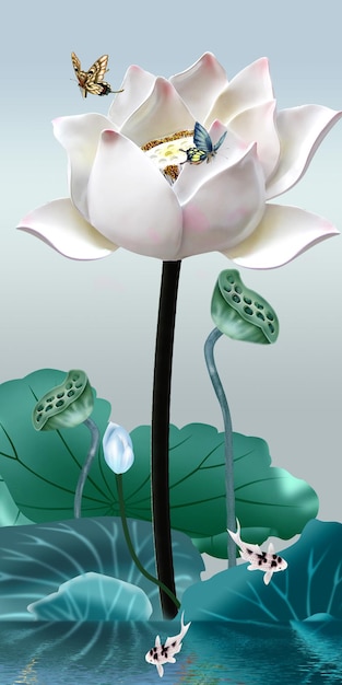 PSD peinture de lotus 3d peinture d'aquarelle charmante séparation de couches de fichier pdf