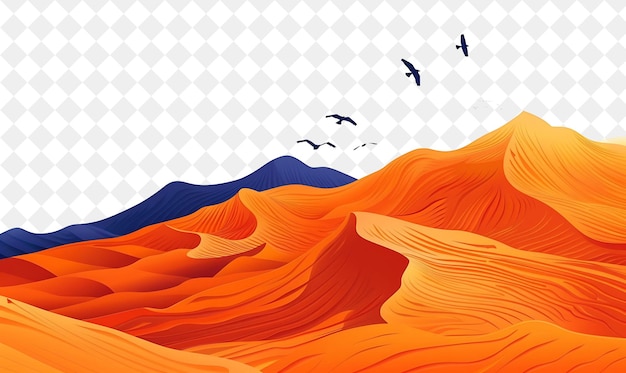 une peinture de montagnes et de montagnes avec des oiseaux volant au-dessus d'elles
