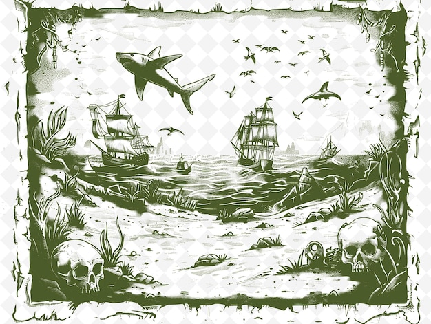 PSD une peinture d'un navire et d'un crâne et d'os sur un fond vert