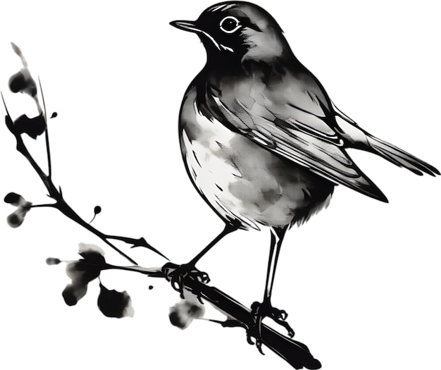 PSD peinture d'un oiseau robin à l'aide de la technique japonaise des coups de pinceau
