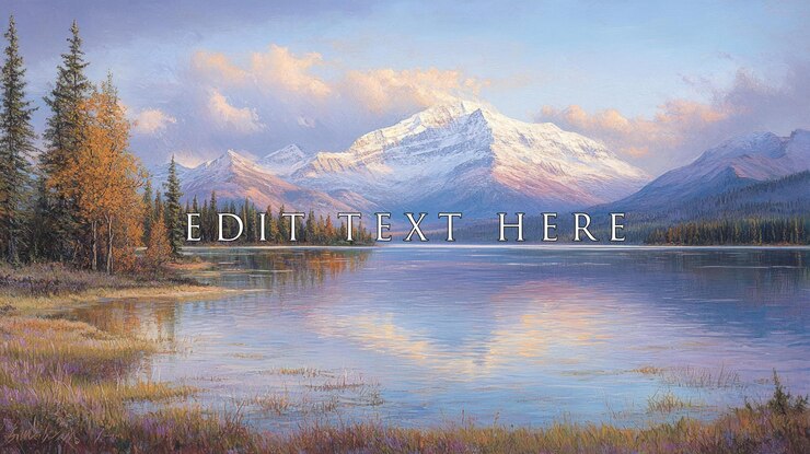 PSD peinture de paysage d'automne serein d'une montagne enneigée reflétée dans un lac calme entouré d'arbres colorés et d'eau tranquille
