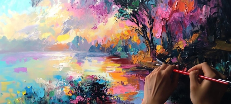 PSD la peinture d'un paysage vibrant au bord du lac en cours