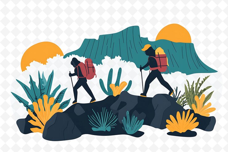 PSD une peinture de personnes en randonnée dans une jungle avec des montagnes et des arbres