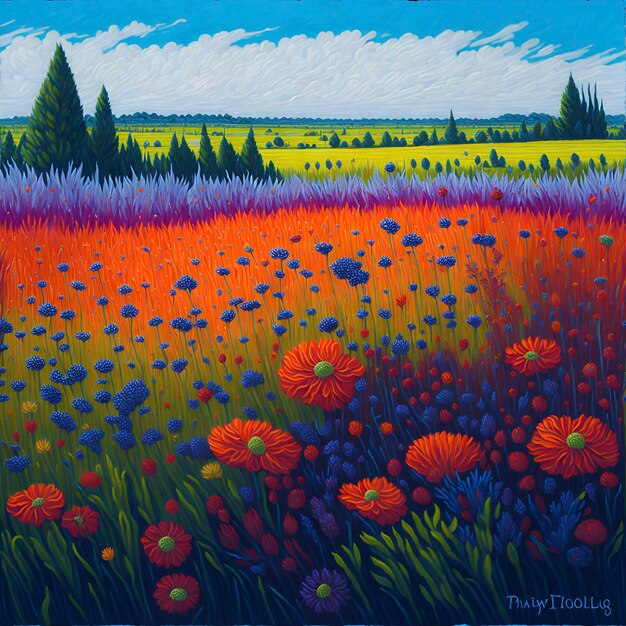 Peinture d'une prairie vibrante et saturée