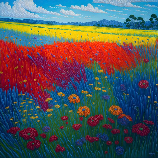 Peinture d'une prairie vibrante et saturée