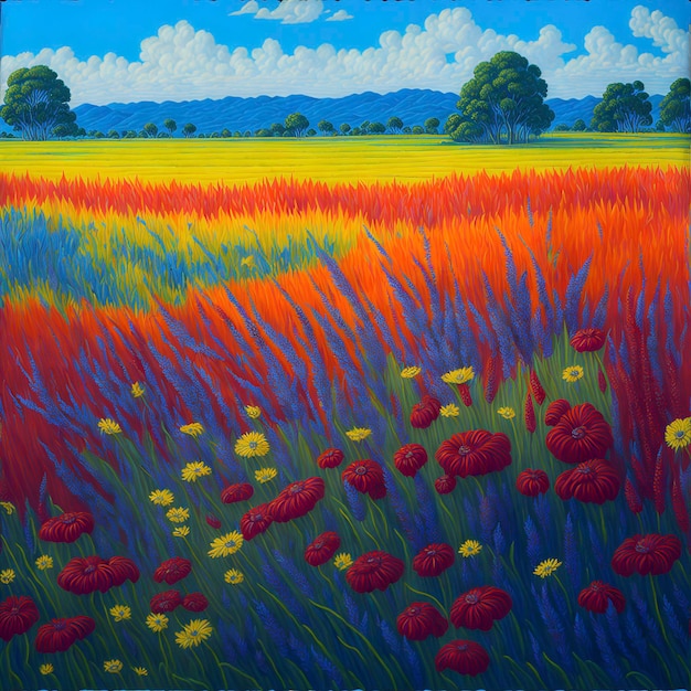 PSD peinture d'une prairie vibrante et saturée