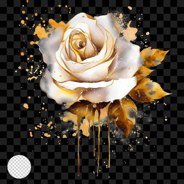 Une Peinture D'une Rose Blanche Avec Des Feuilles D'or Et Une Rose Blanche