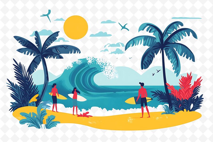 PSD une peinture de surfeurs avec des surfeurs sur la plage