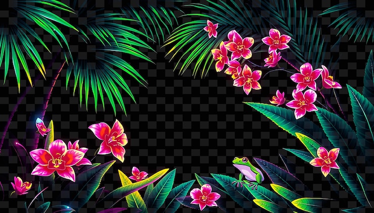 PSD une peinture tropicale d'une plante tropicale avec des fleurs roses et des feuilles vertes