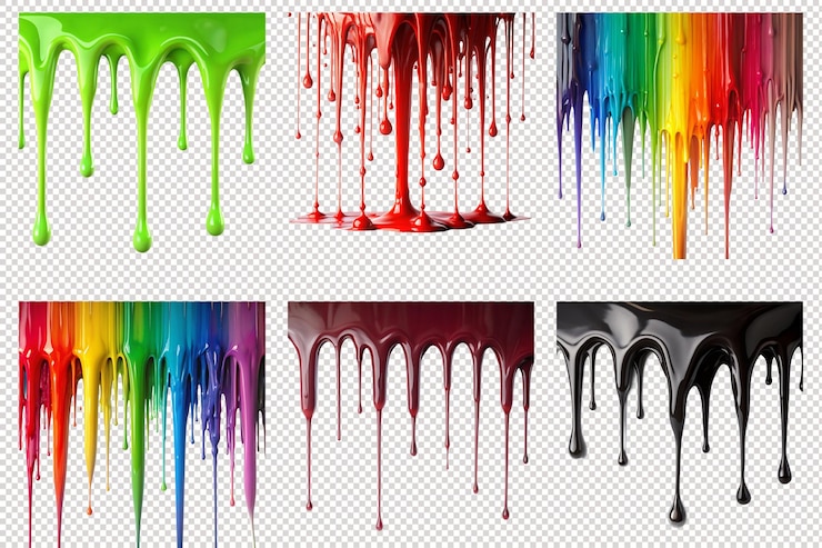 PSD peinture vibrante à gouttes multicolore sur fond transparent excellente pour des conceptions créatives uniques