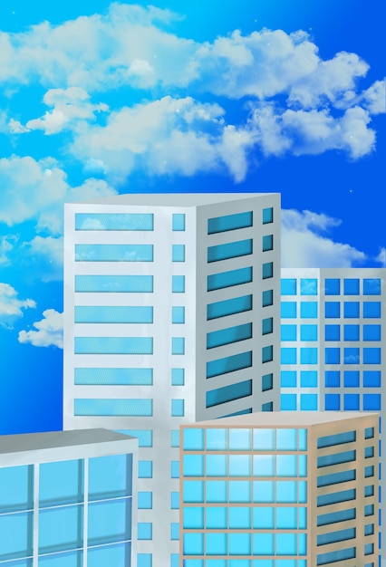 Une peinture d'une ville avec un ciel bleu et des nuages