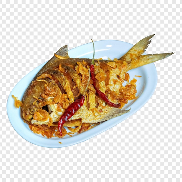 Peixe frito com pimentão e alho em um prato branco
