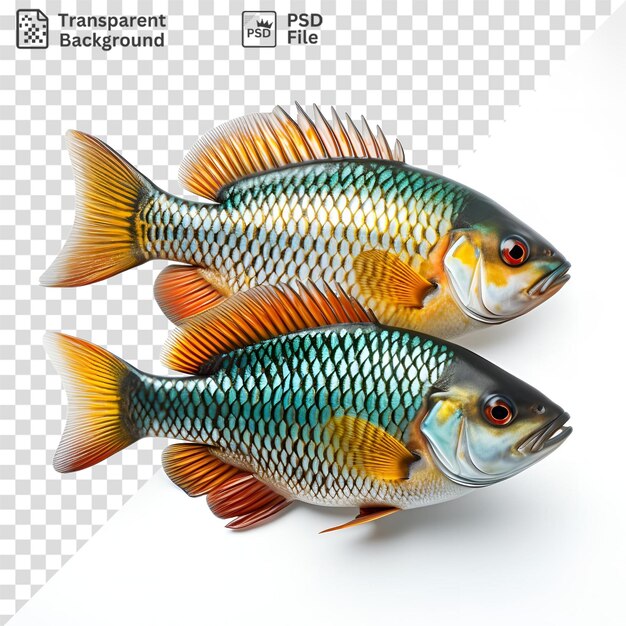 PSD peixe incrível em um fundo isolado, um peixe amarelo e laranja e um peixe azul
