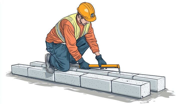 PSD pekerja konstruksi memasang blok beton