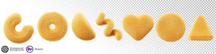 PSD pelo amarillo formas geométricas esponjosas 3d renderizar conjunto de iconos anillo de corazón de bola difusa abstracto hemisferio triángulo línea en espiral símbolo de amor con textura de cabello elementos de diseño aislados