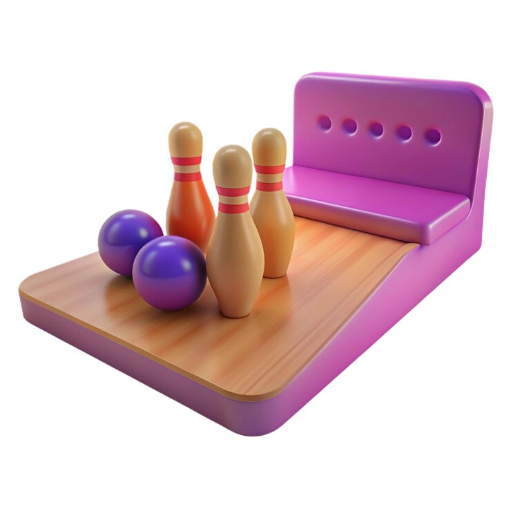 PSD una pelota de bolos y alfileres de bolos están en una mesa