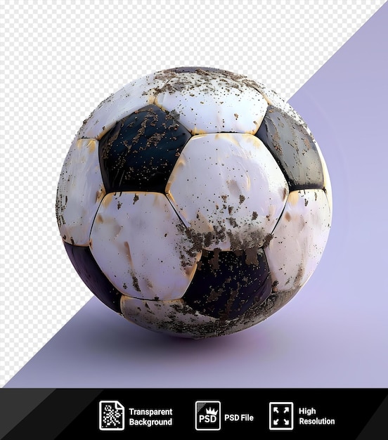 PSD pelota de fútbol aislada cubierta de tierra en un fondo púrpura con una sombra oscura en primer plano png
