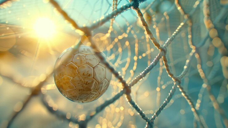 PSD la pelota de fútbol iluminada por el sol en la red brillando con el rocío