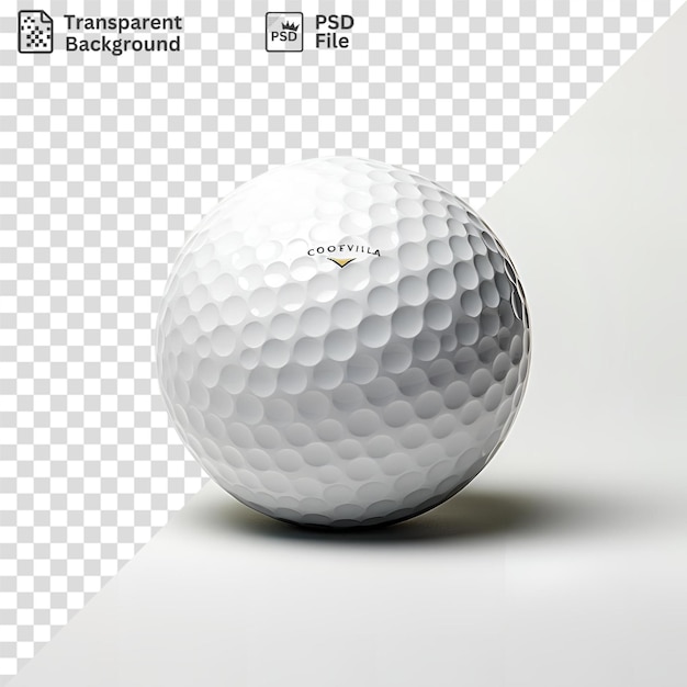 PSD una pelota de golf blanca con un logo negro y amarillo y una sombra oscura sobre un fondo aislado