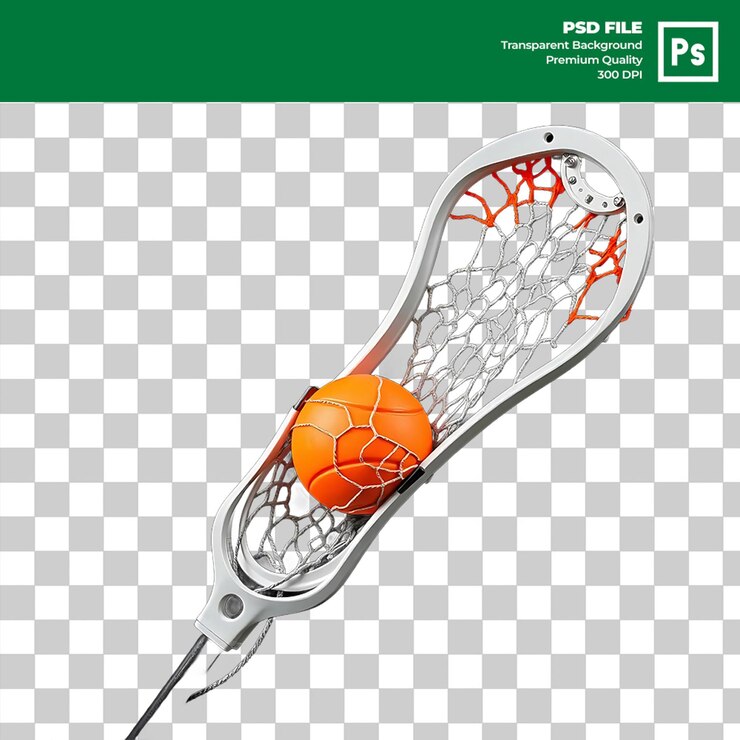 PSD pelota de lacrosse naranja en blanco palo de lacrosse red de fondo negro