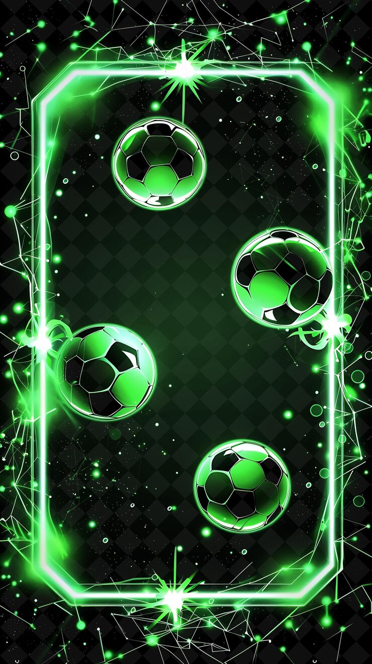 PSD pelotas de fútbol en un fondo negro con luces de neón verdes