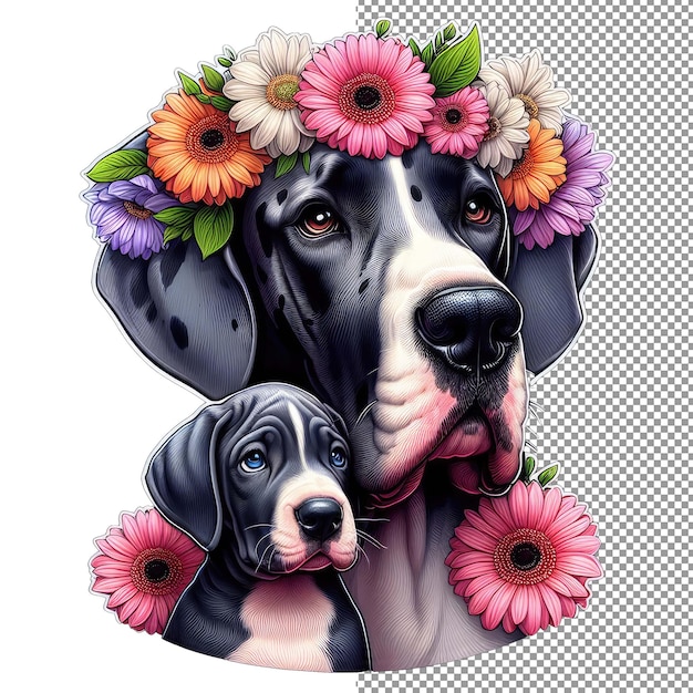 PSD pelziger familienhund und welpe auf einem flower haven-aufkleber