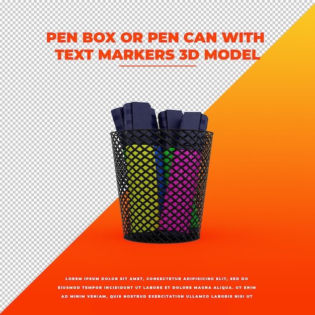 Pen box o pen can con marcadores de texto