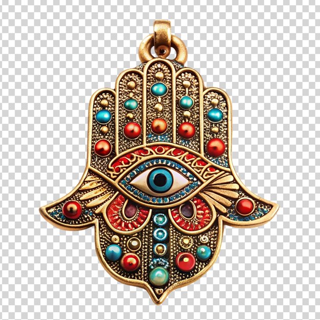 PSD un pendentif doré et bleu en forme de main sur fond transparent