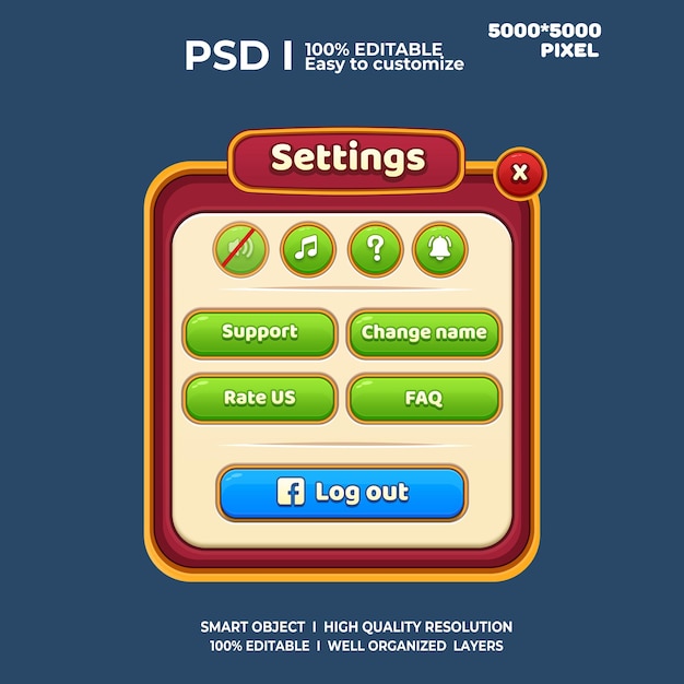 Pengaturan Layar UI Game 2D Antarmuka Pengguna UI Game Kasual Kit UI Seni UI Game Kartun UI Keren