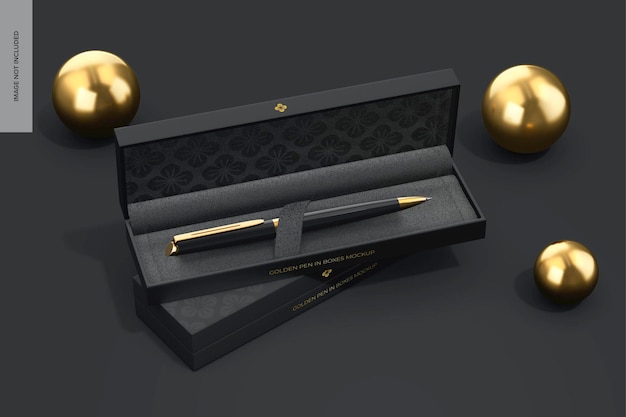 Penna d'oro nella prospettiva del mockup delle scatole