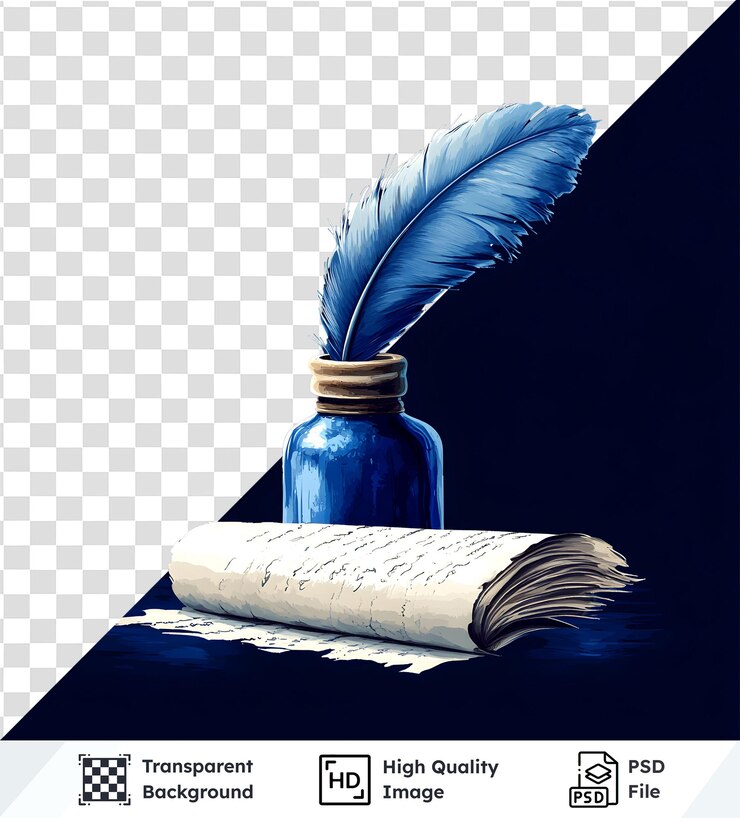 Penna e inchiostro di piuma blu con pergamena natura morta trasparente