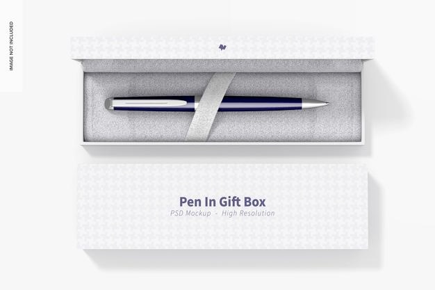 Penna in scatole regalo mockup, vista dall'alto