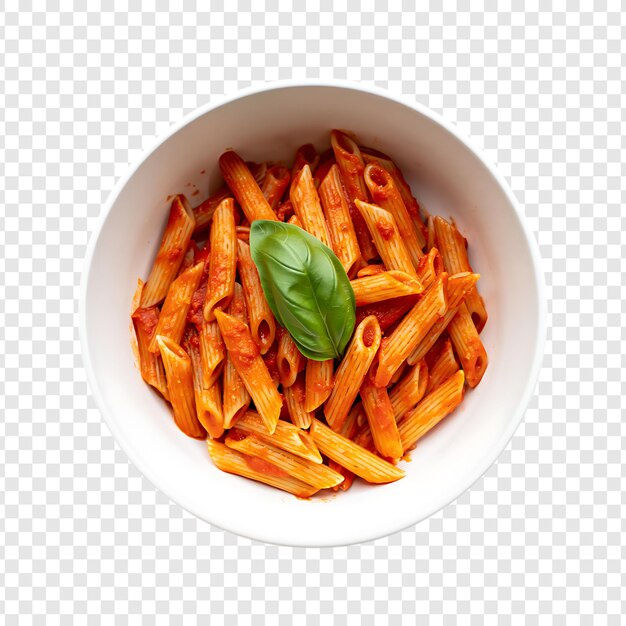 Penne Pasta with Tomato Sauce and Basil in a White Bowl