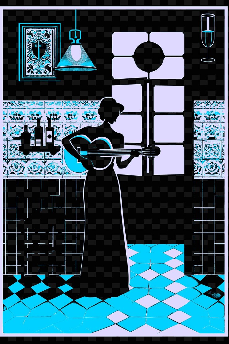 PSD penyanyi fado tampil di kedai minum lisbon dengan dinding ubin ilustrasi vektor ide poster musik