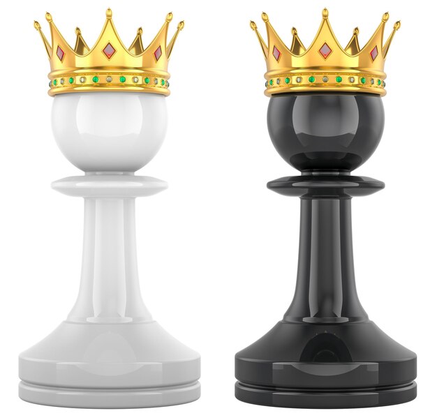 Peones de ajedrez con coronas doradas en 3D aislados sobre un fondo transparente