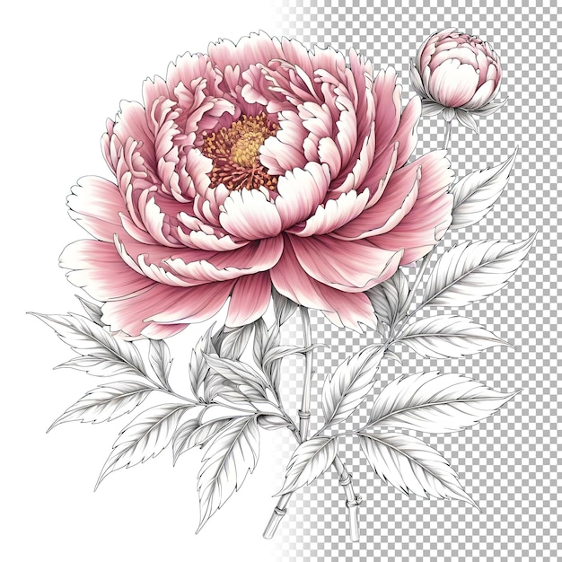 PSD peonie en fleurs illustration de ligne de croquis