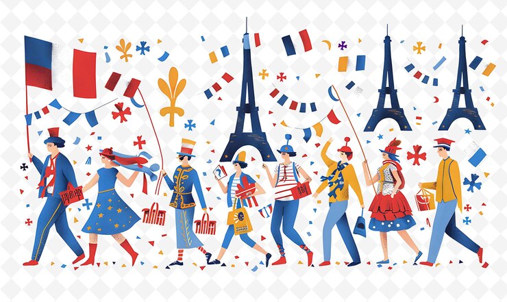 PSD people marching in a bastille day parade design is elegant a flat illustration culture character