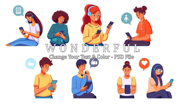 PSD people using smartphones with social media icons
