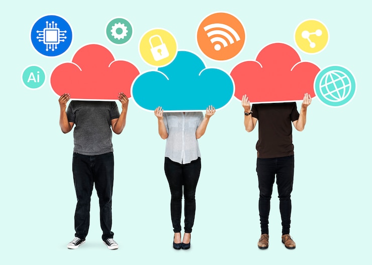PSD people with cloud network storage symbols
