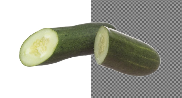 El pepino cae en la mosca, el vegetal fresco cae en el verde, el pepino cortado en rodajas, el vegetable fresco orgánico con hojas de pepino comidas, la textura de primer plano largo, el fondo blanco, el movimiento de congelación aislado, el obturador de alta velocidad.
