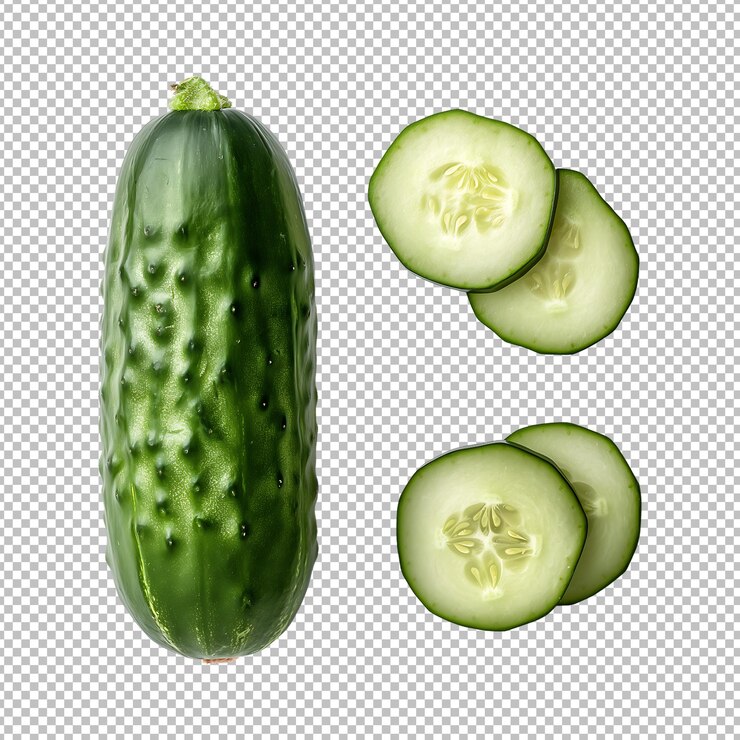 pepino y rodaja de pepino aislados sobre un fondo transparente