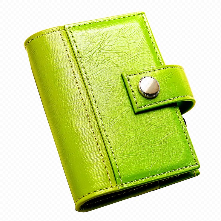PSD una pequeña billetera verde limón hecha de material duradero con múltiples compartimentos en un bg transparente