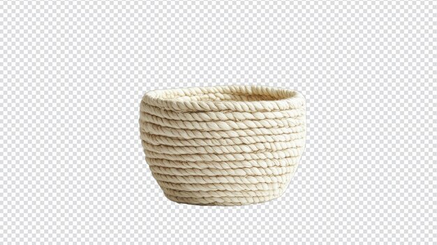 Una pequeña canasta de algodón tejida a mano aislada sobre un fondo blanco ideal para soluciones de almacenamiento de decoración para el hogar o como elemento decorativo para varios entornos y propósitos