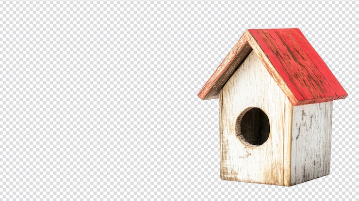 PSD pequena e encantadora casa de pássaros de madeira com telhado vermelho, perfeita para decoração de jardim e entusiastas de observação de pássas