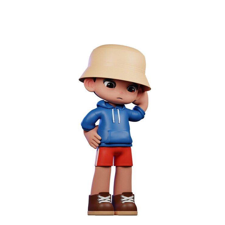 PSD pequena figura de um menino com uma camisa azul e calções vermelhos pose preocupado