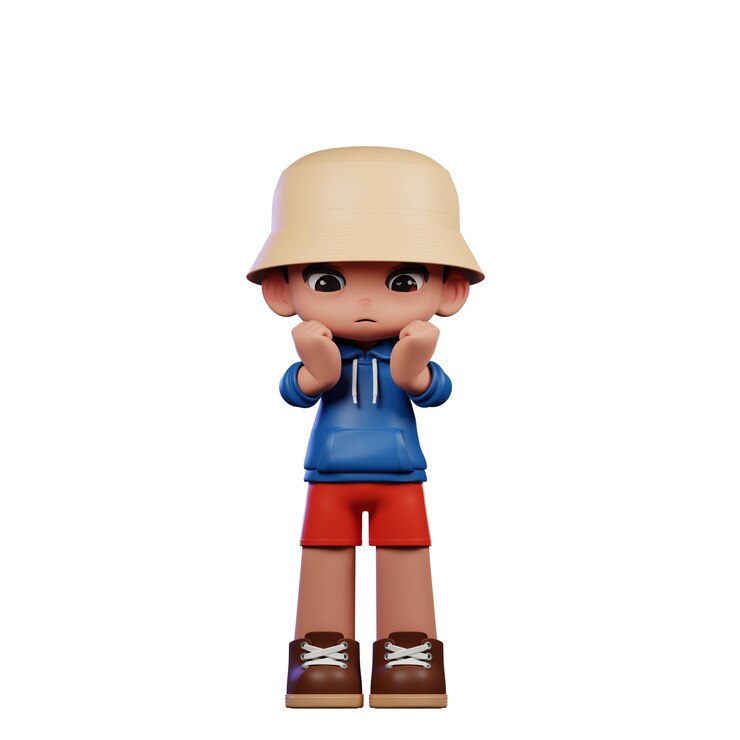 PSD pequena figura de um menino de camisa azul e calções vermelhos em pose preocupada