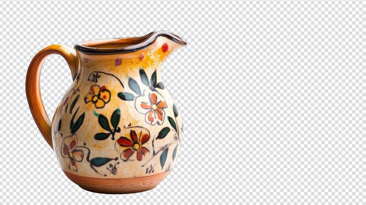 PSD una pequeña jarra de cerámica pintada a mano perfectamente hecha para decoración rústica o uso en la cocina que muestra un arte único y colores vibrantes