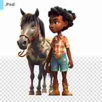 PSD pequena menina afro-americana com um cavalo em um fundo branco3d renderização psd modelo