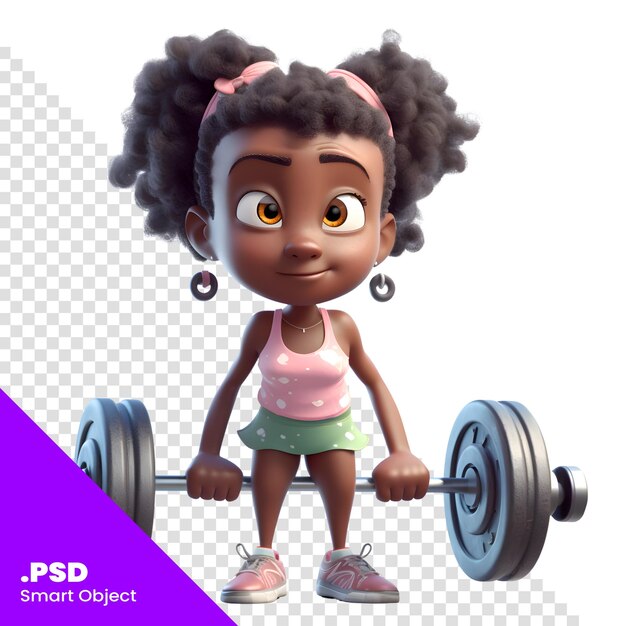 PSD pequena menina afro-americana levantando uma barra3d renderização modelo psd